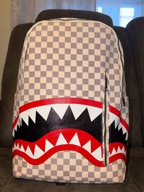 Dripping Sharks In Paris Backpack White checkered grey red white BNWOT